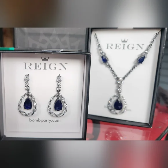 NWT! SET! BP Reign Villain Sapphire Blue and Silver Earrings and Necklace - Picture 1 of 8